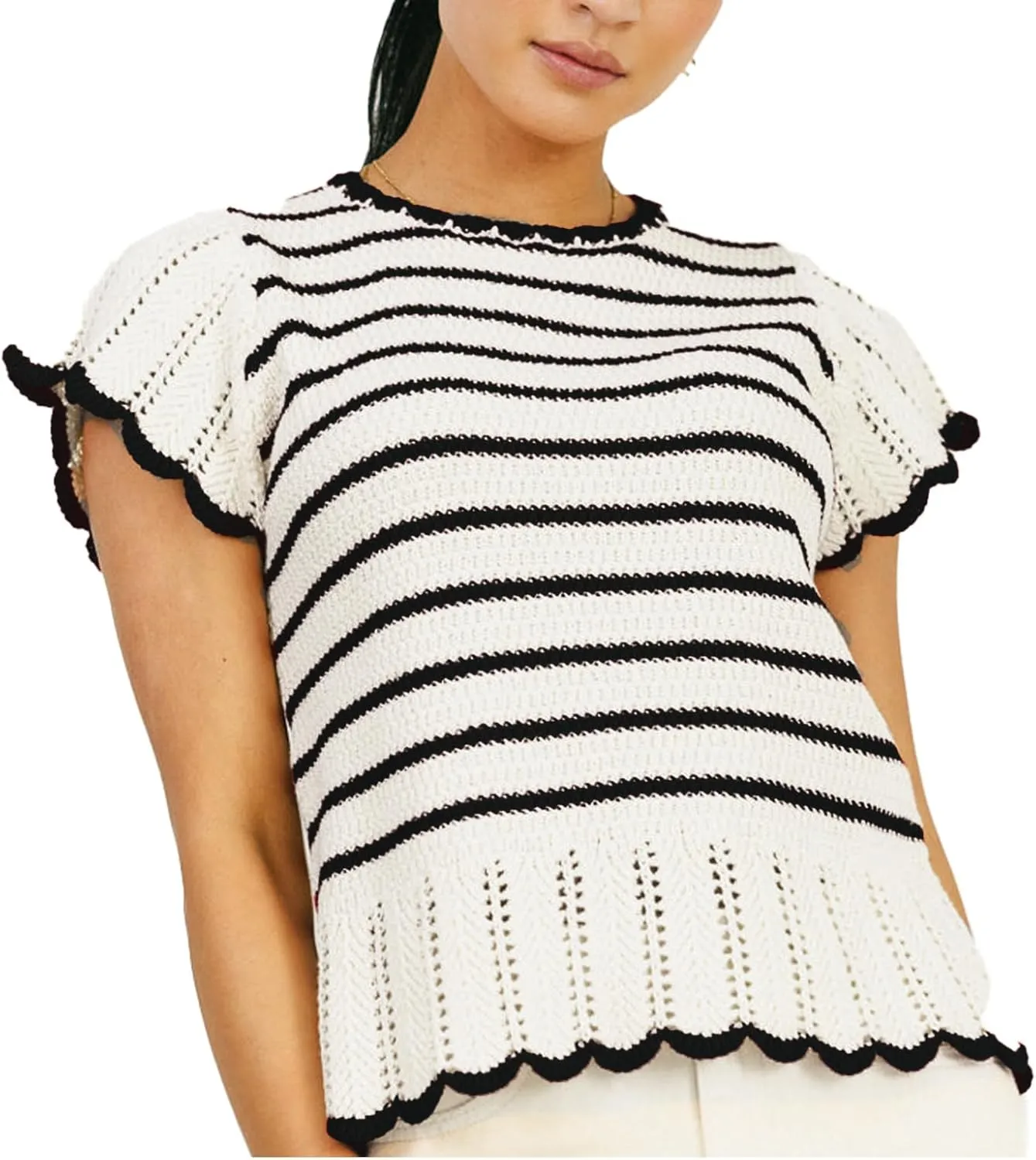 VAOYIU Women's Striped Breeze Crochet Top Cap Sleeve Ruffle Edges Knit Sweater Vest Casual Summer Fashion Cute Shirt