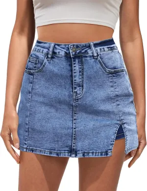 Vetinee Jean Skorts for Woman High Waisted Trendy Slit Stretchy Denim Skirt with Shorts Y2K Casual Summer Skorts Skirts