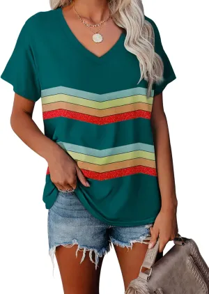 WEESO T Shirts for Women V Neck Summer Color Block Tops