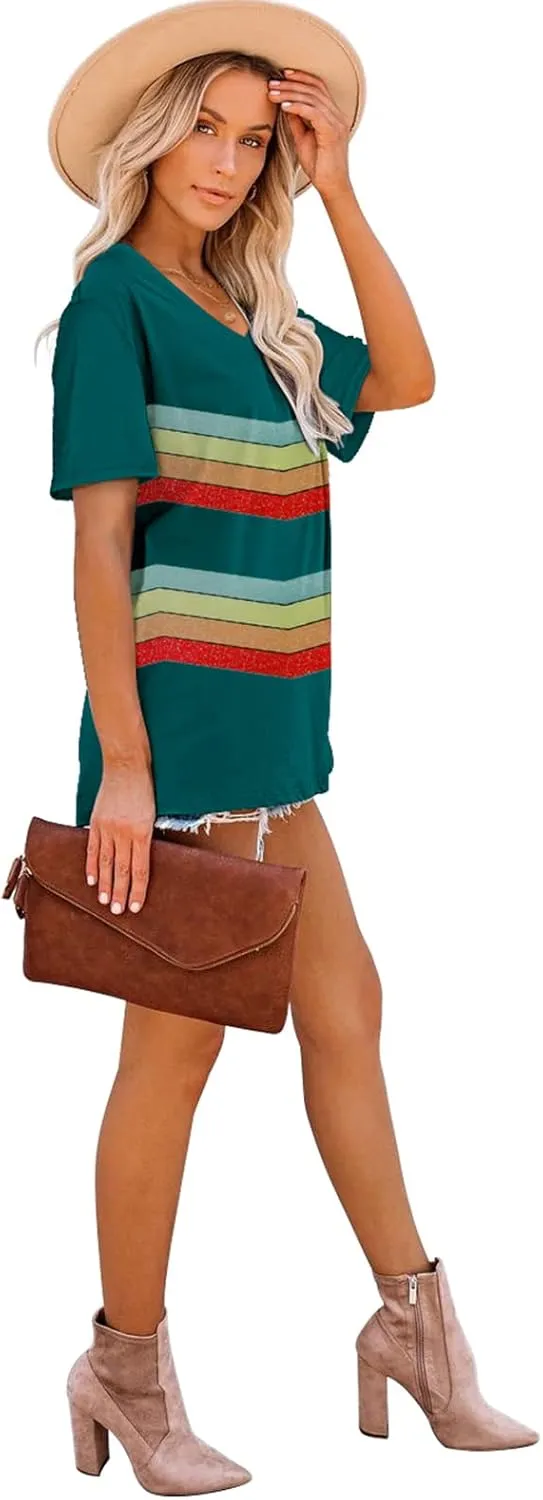 WEESO T Shirts for Women V Neck Summer Color Block Tops
