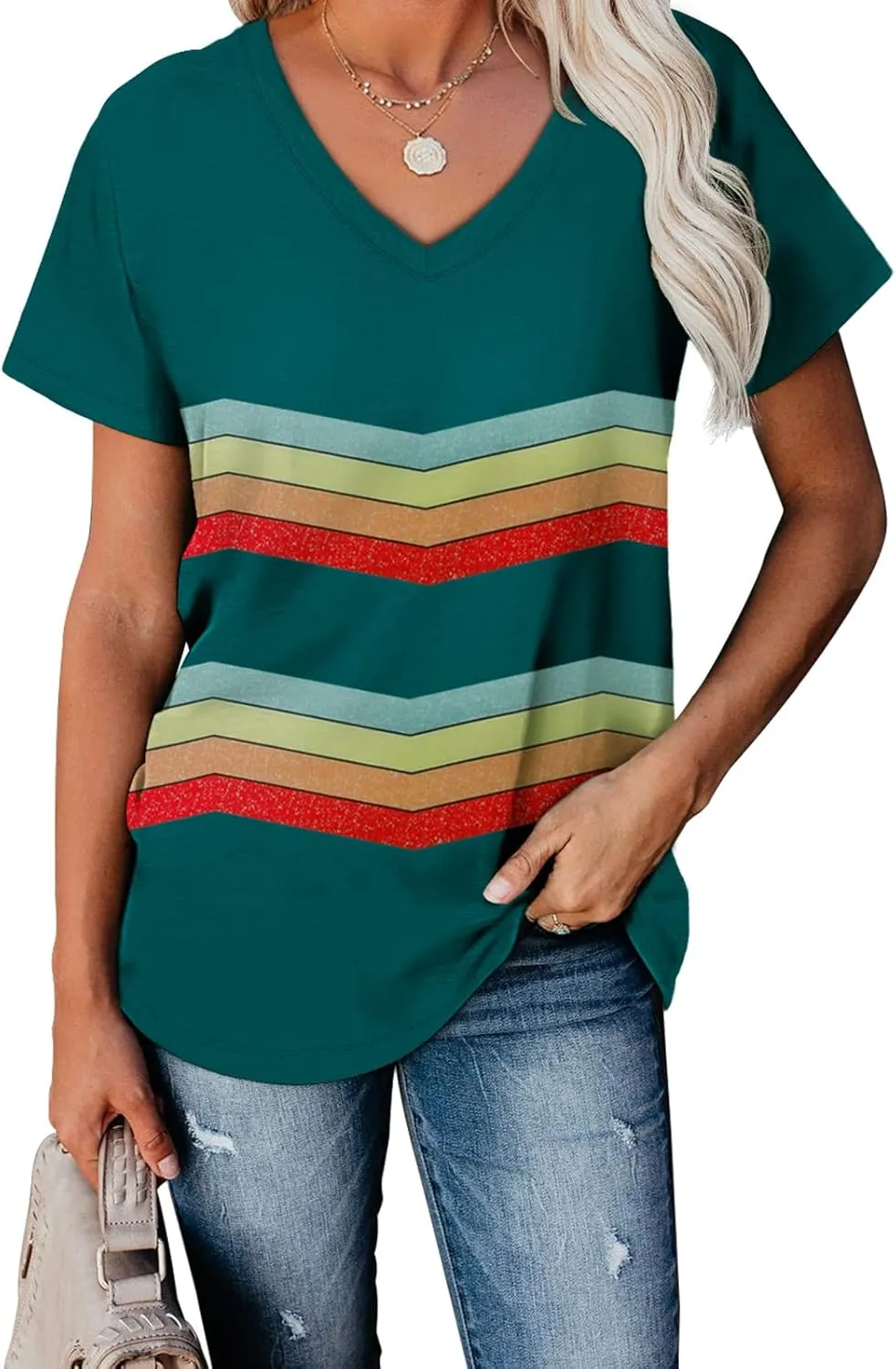WEESO T Shirts for Women V Neck Summer Color Block Tops