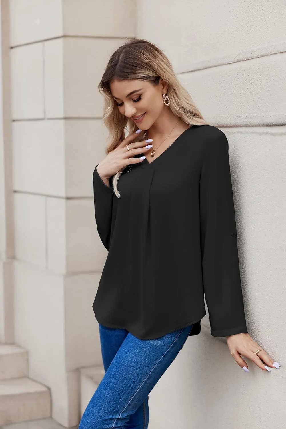 Women Business Casual Tops Blouses Dressy V Neck Chiffon Long Sleeve Work Shirts Elegant Ladies Tops