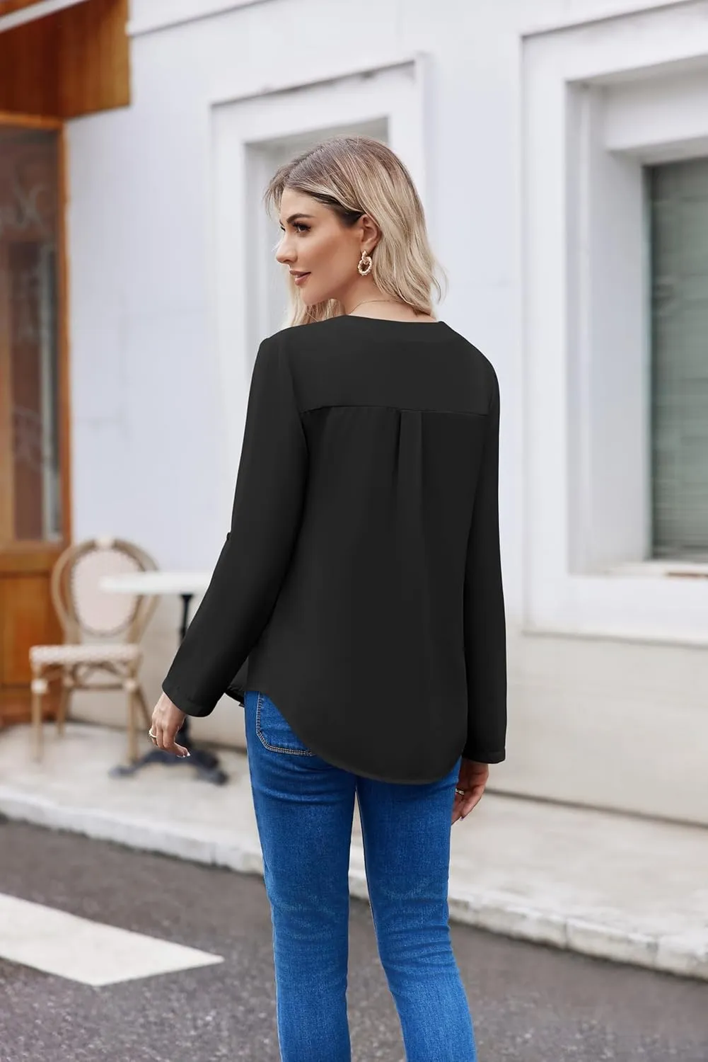 Women Business Casual Tops Blouses Dressy V Neck Chiffon Long Sleeve Work Shirts Elegant Ladies Tops