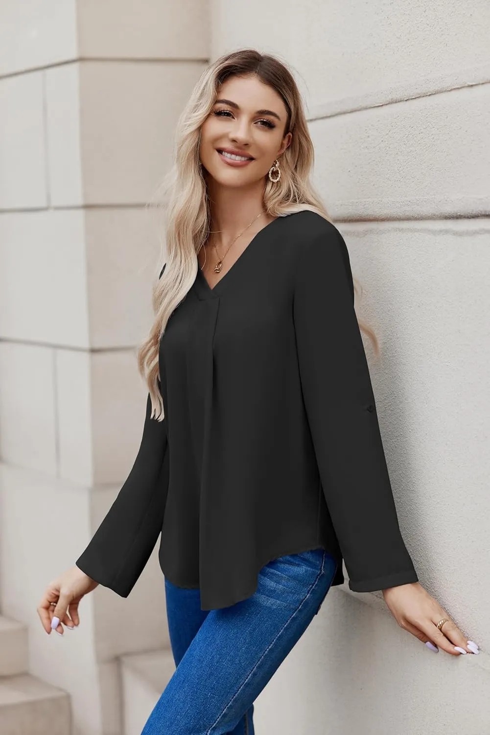 Women Business Casual Tops Blouses Dressy V Neck Chiffon Long Sleeve Work Shirts Elegant Ladies Tops