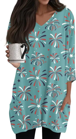 Women's 3/4 Sleeve Blouse Button Outfits V Neck Elegant American Flag Patriotic Comfy 4Th of July Dressy Tunic