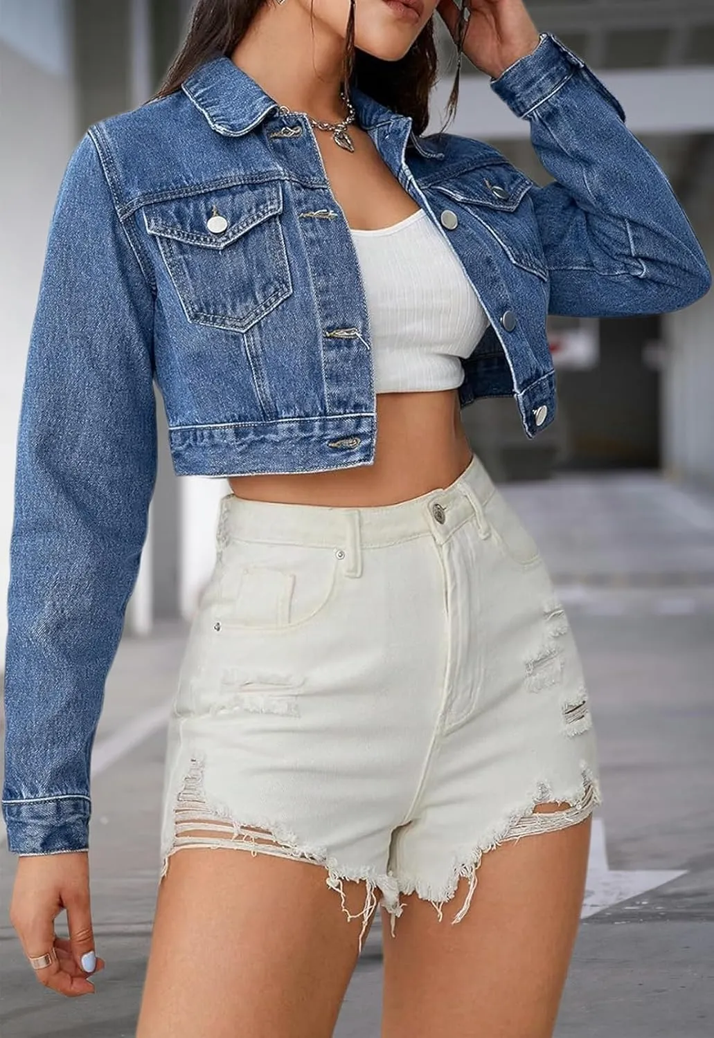 Women's Cropped Denim Washed Distressed Button Down Long Sleeve Jean Jacket Coats