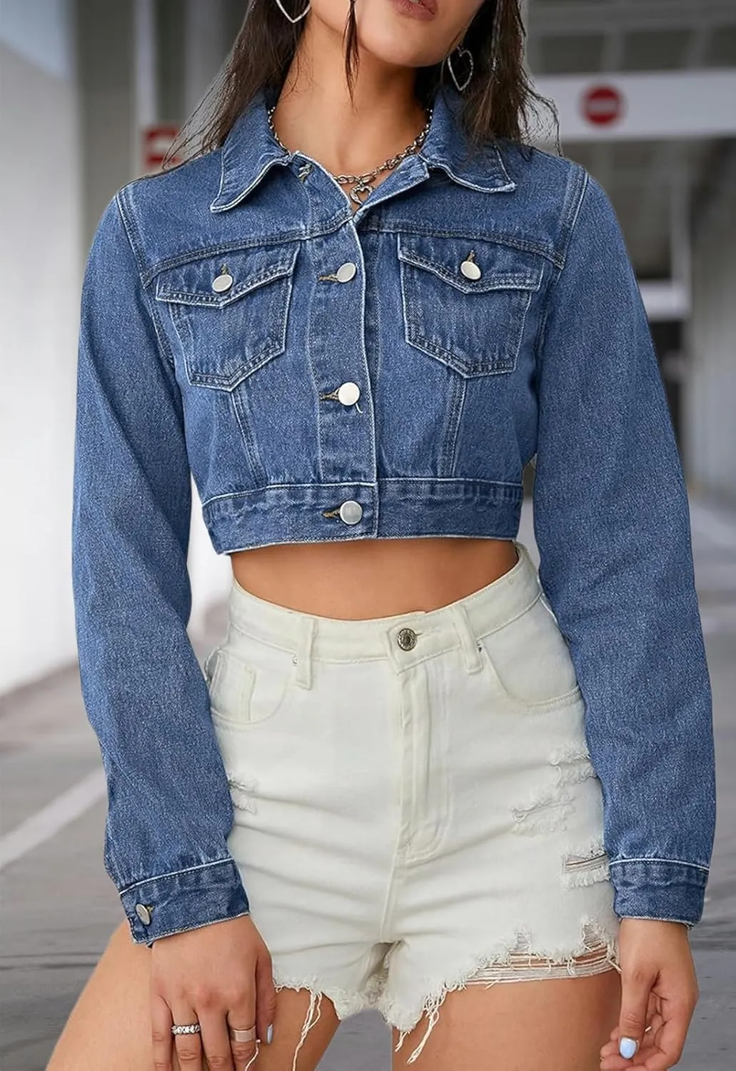 Women's Cropped Denim Washed Distressed Button Down Long Sleeve Jean Jacket Coats