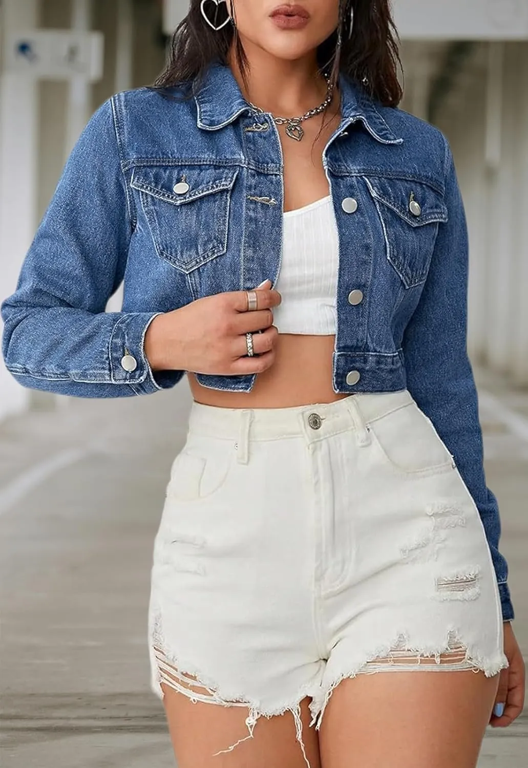 Women's Cropped Denim Washed Distressed Button Down Long Sleeve Jean Jacket Coats