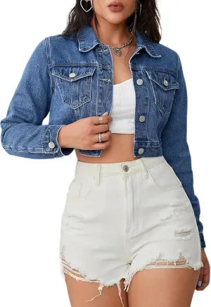 Women's Cropped Denim Washed Distressed Button Down Long Sleeve Jean Jacket Coats