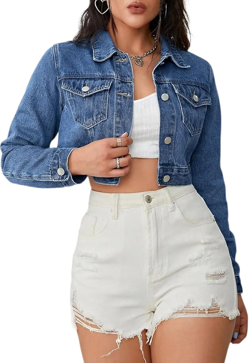 Women's Cropped Denim Washed Distressed Button Down Long Sleeve Jean Jacket Coats
