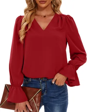 Women's Long Sleeve Shirts Ruffle Bubble Sleeve V Neck Tunic Tops Dressy Casual Loose Chiffon Blouses