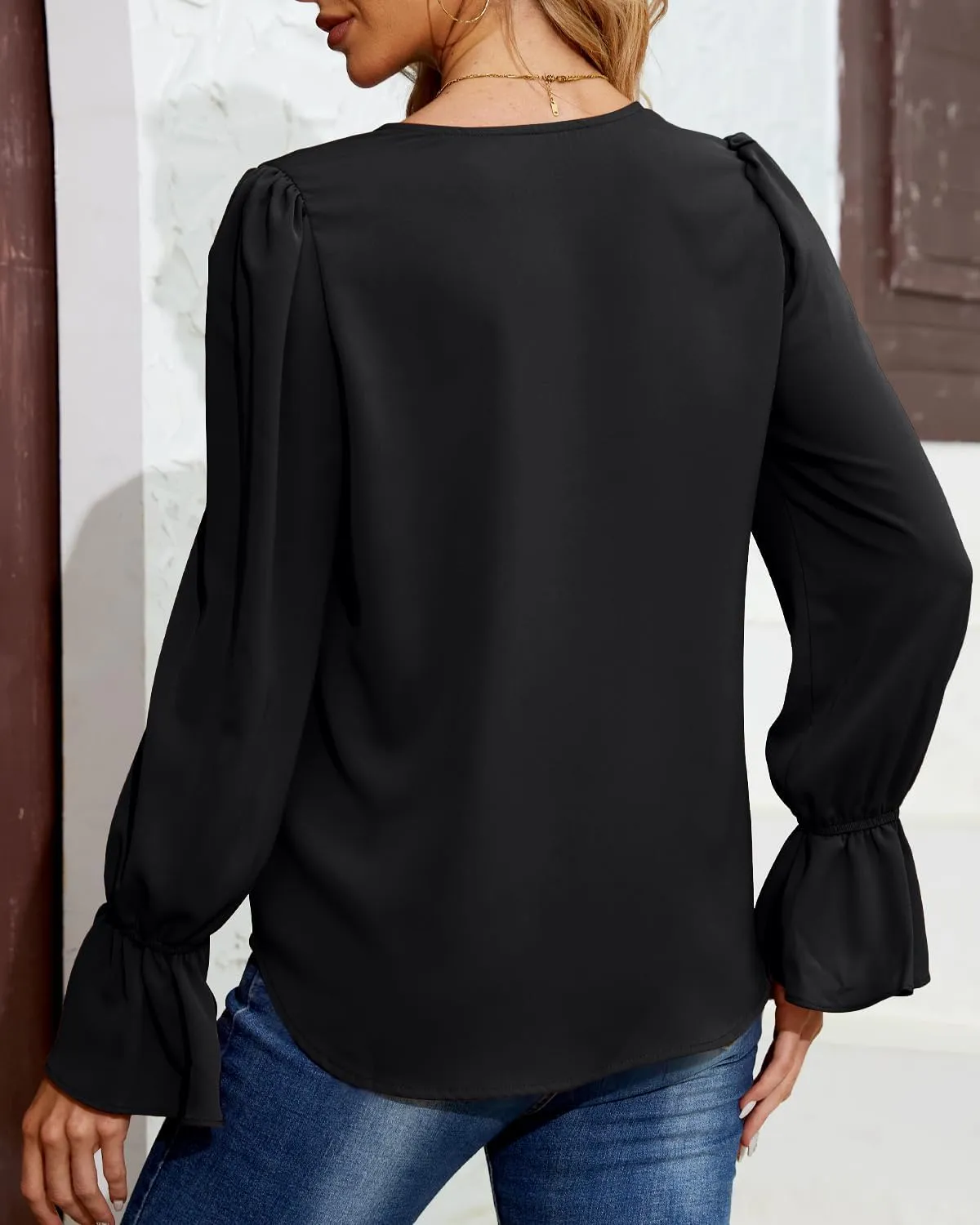 Women's Long Sleeve Shirts Ruffle Bubble Sleeve V Neck Tunic Tops Dressy Casual Loose Chiffon Blouses