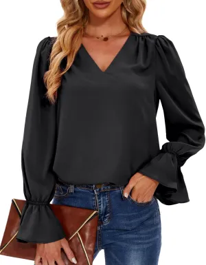 Women's Long Sleeve Shirts Ruffle Bubble Sleeve V Neck Tunic Tops Dressy Casual Loose Chiffon Blouses