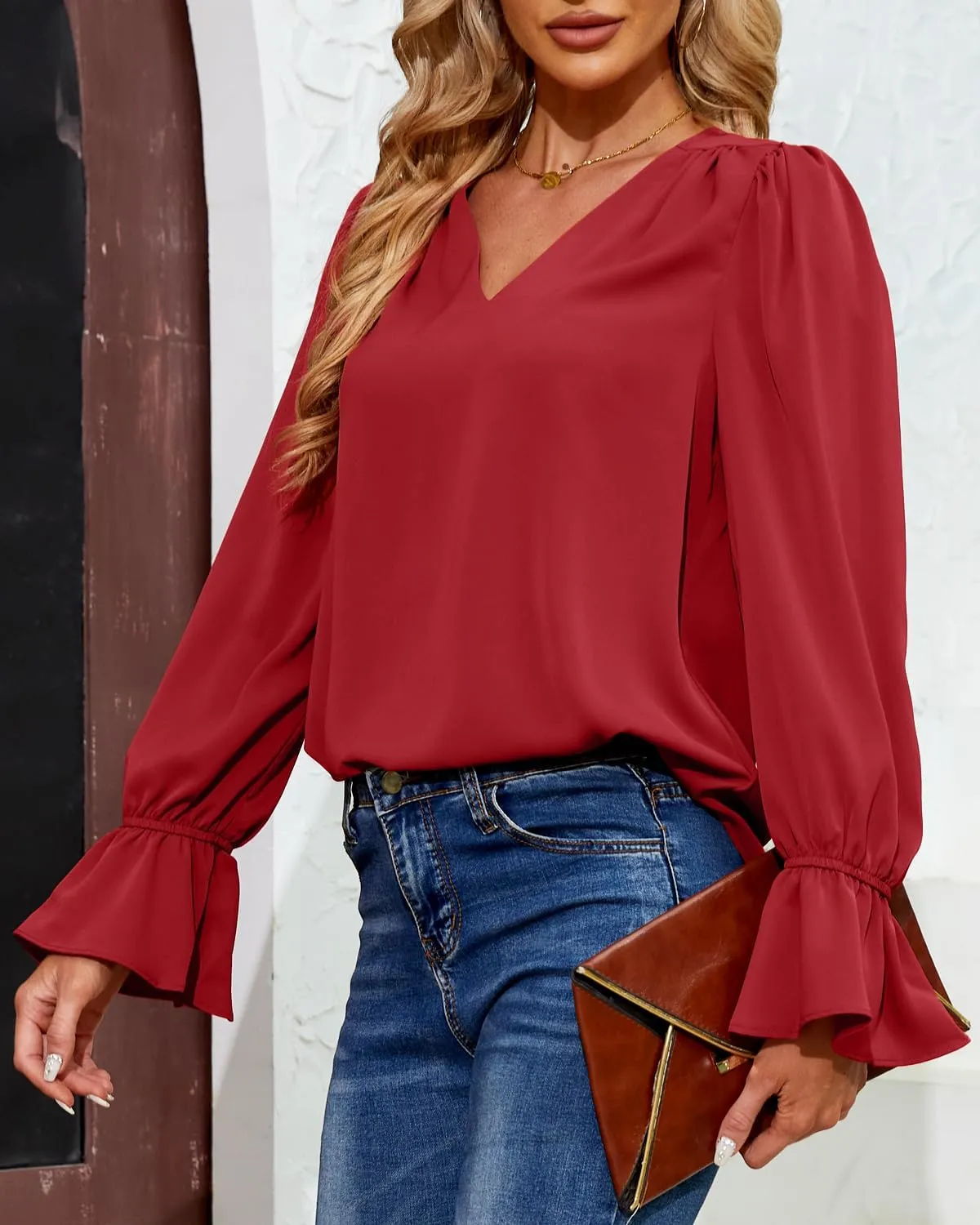 Women's Long Sleeve Shirts Ruffle Bubble Sleeve V Neck Tunic Tops Dressy Casual Loose Chiffon Blouses