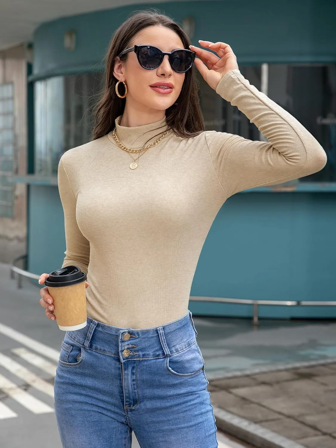 Womens Mock Turtle Necks Tops Fall Winter Fitted Shirts for Women 2024