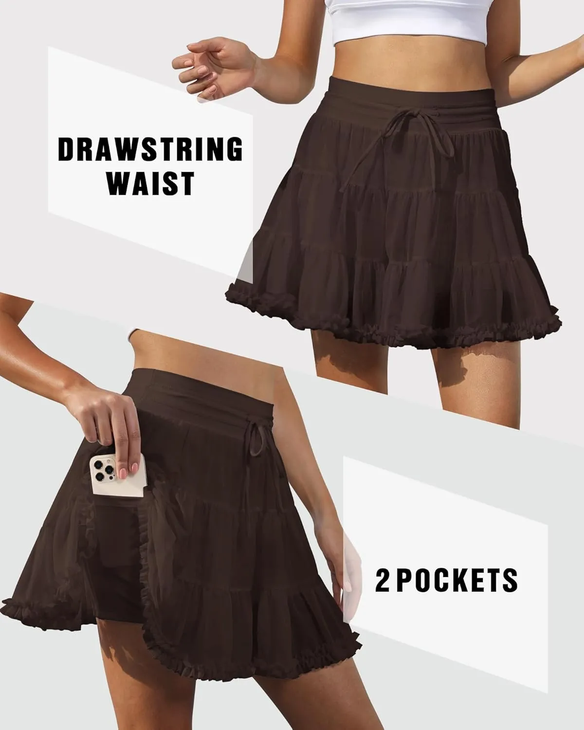 Women's Tennis Skirt with Shorts High Waisted Golf Athletic Skirts with 2 Pockets Pleated Tulle Skort Ruffle